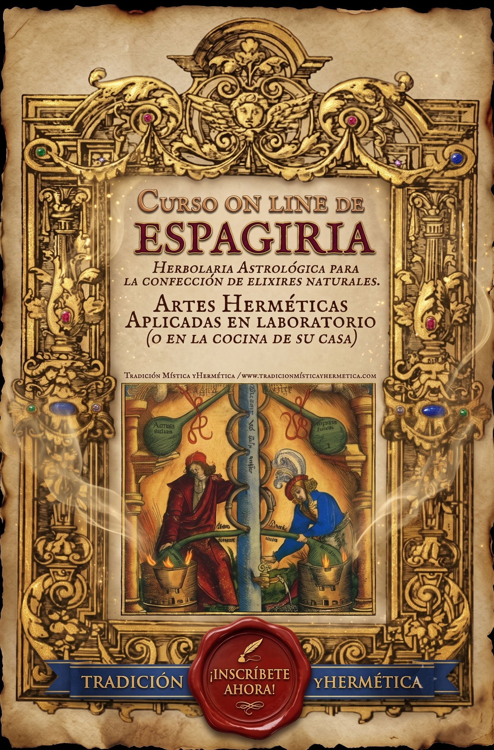 Afiche del Curso de Espagiria — Herbolaria astrológica para la confección de elixires naturales. Artes herméticas aplicadas en laboratorio.